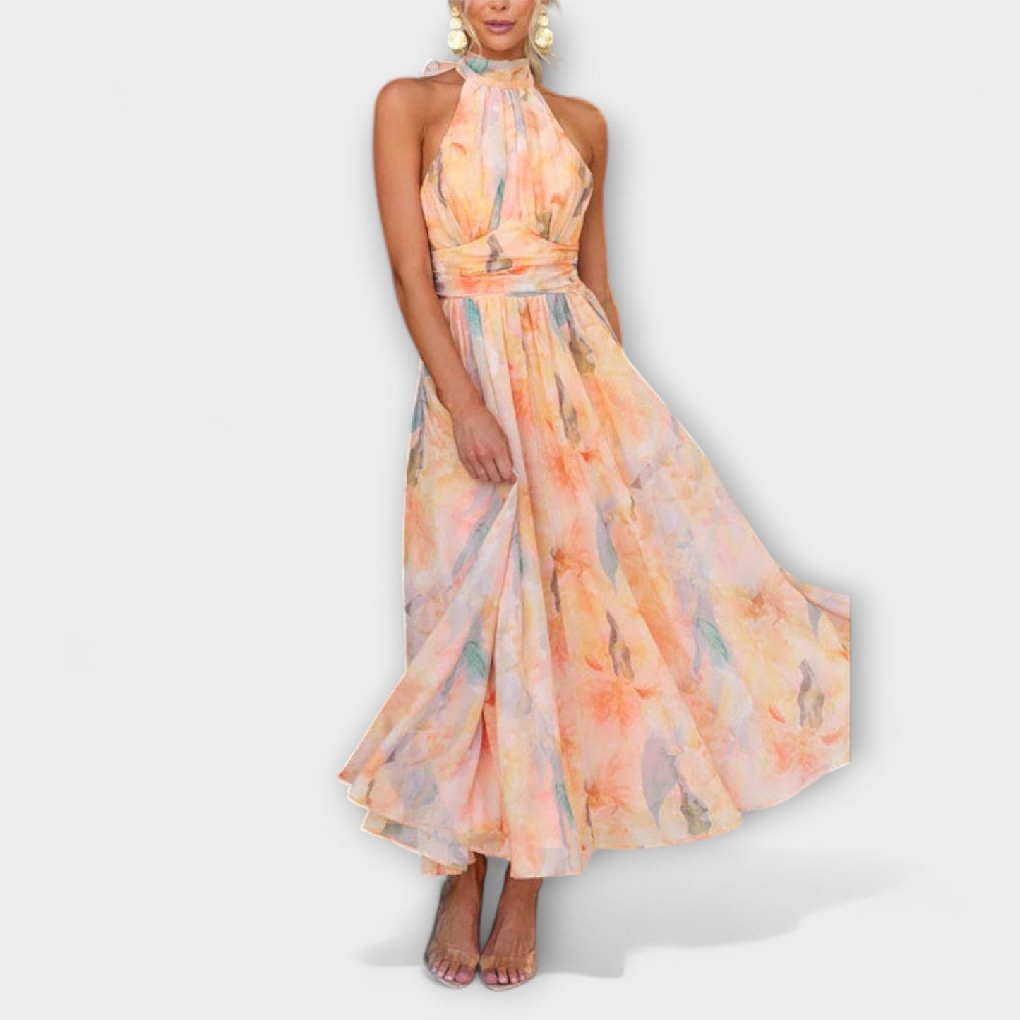 Elara | Maxi-jurk met halternek en aquarelprint