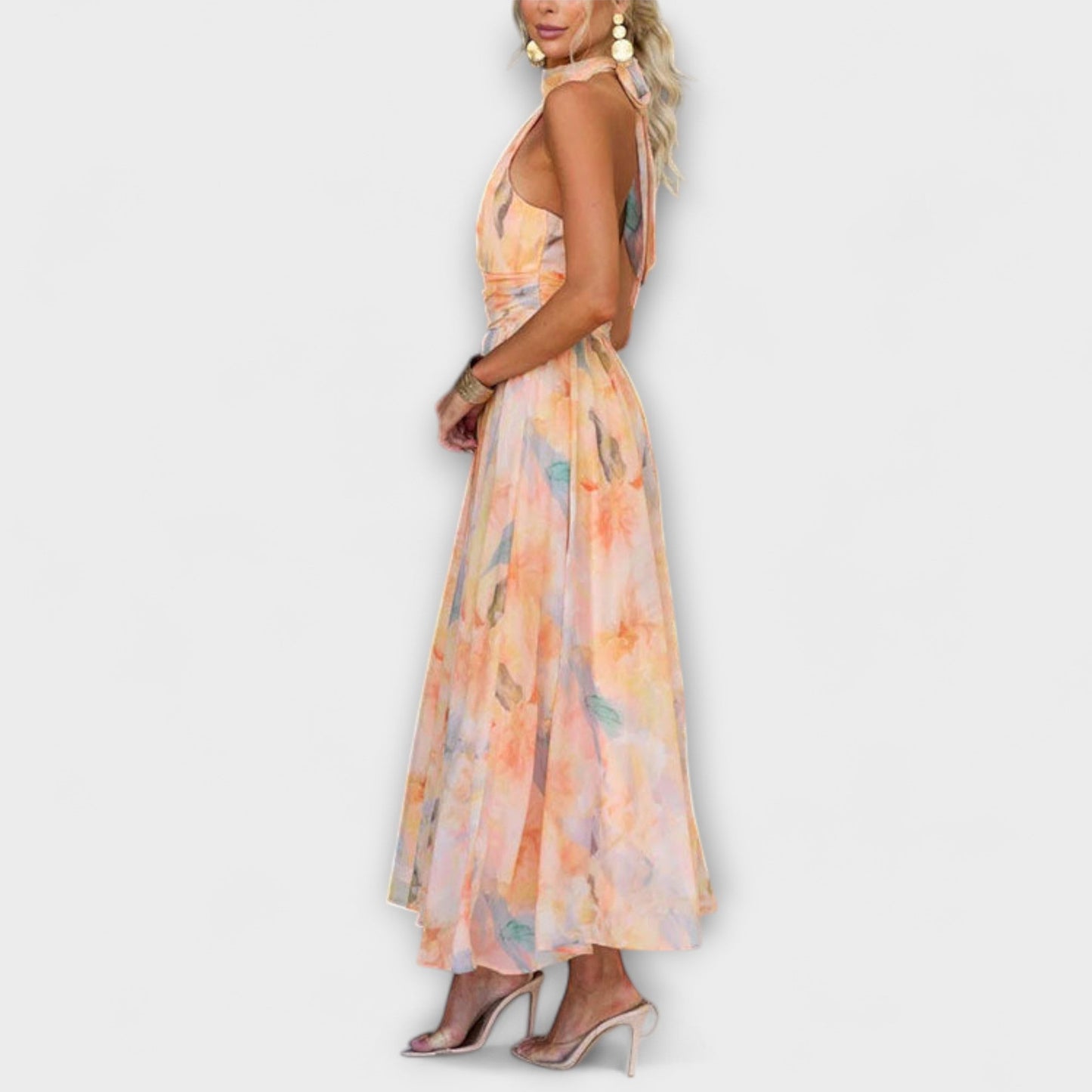 Elara | Maxi-jurk met halternek en aquarelprint