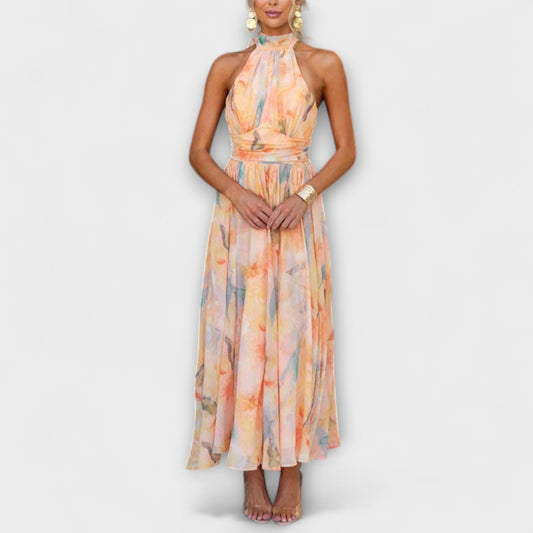 Elara | Maxi-jurk met halternek en aquarelprint