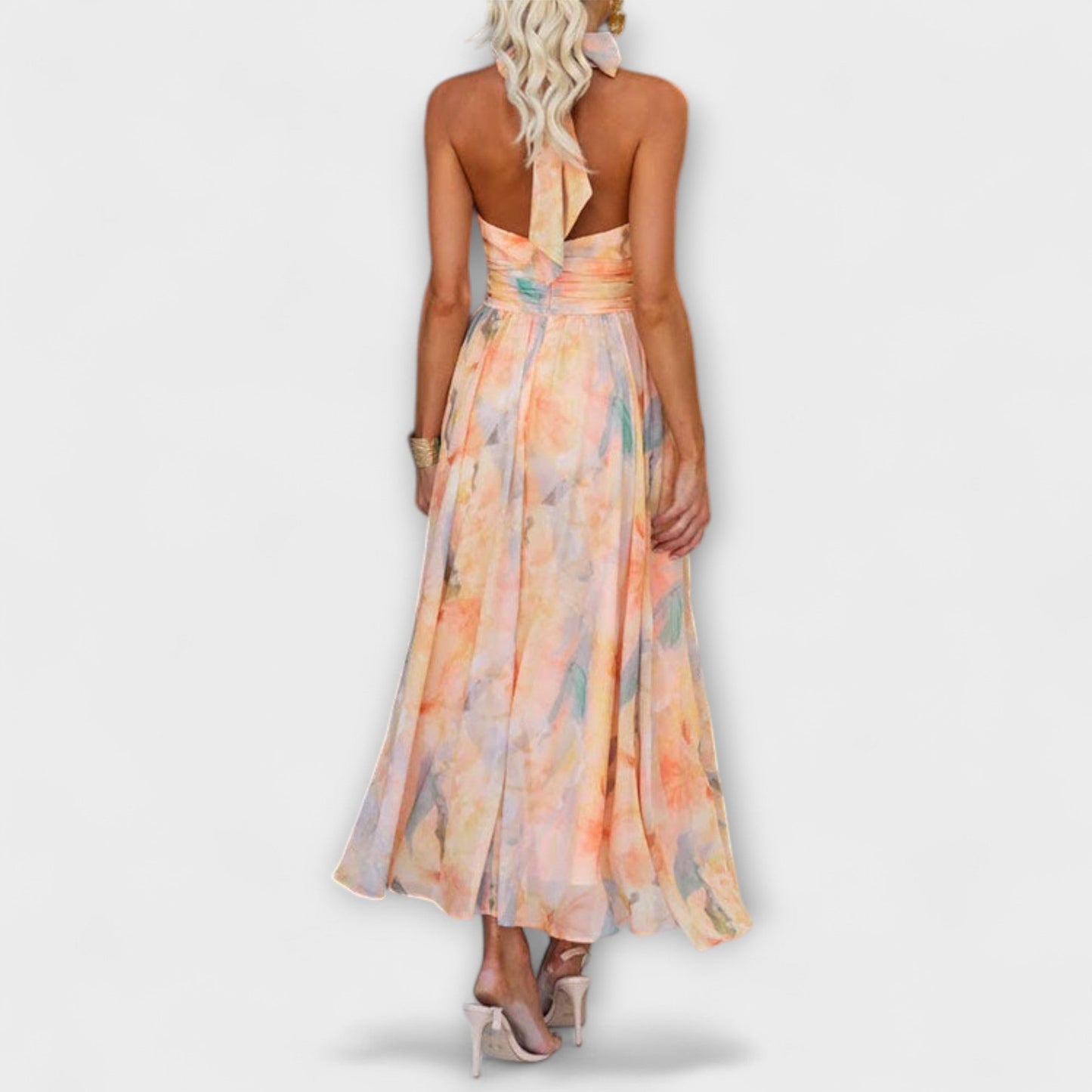Elara | Maxi-jurk met halternek en aquarelprint
